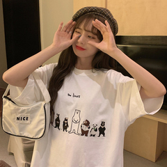 Real photo 2021 new summer cartoon loose heavy industry embroidery bear ins short sleeve T-shirt girl