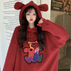 Real shot winter new lazy wind loose lambs hair hooded bear ears funny bear thickened sweater