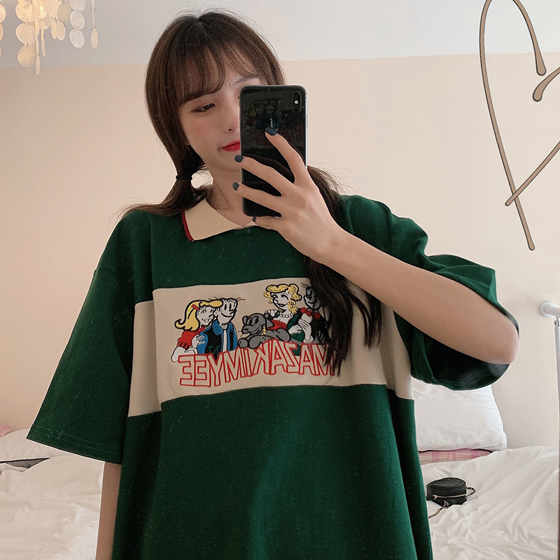 Real shot summer dress new style show thin college style active contrast Embroidery Shirt Short Sleeve T-Shirt women's cotton