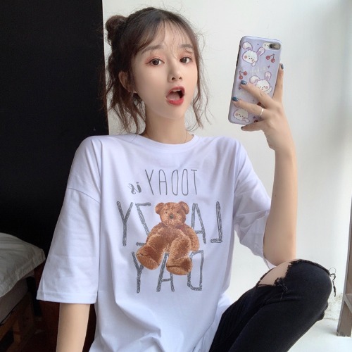 Real shot new summer dress simple print bear letter half sleeve medium length short sleeve T-shirt