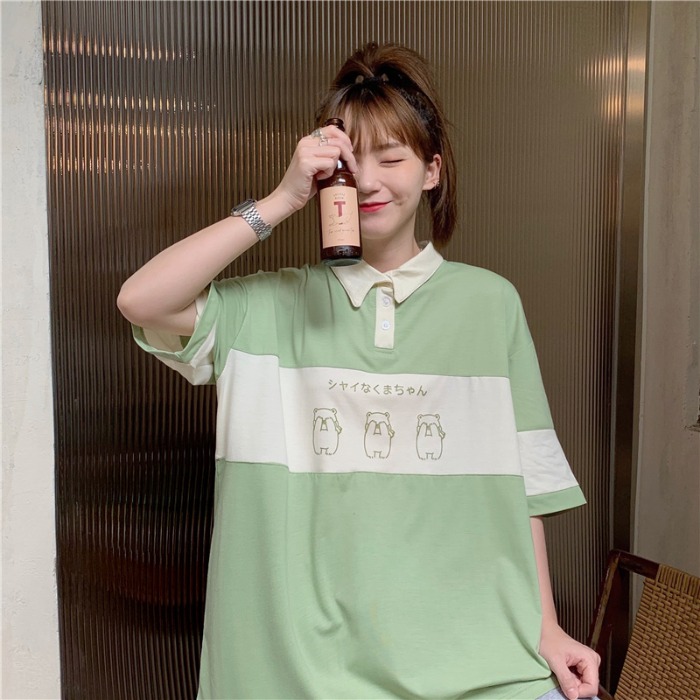 Real shot summer dress new style academy style color matching printing cute bear polo collar short sleeve T-shirt girl