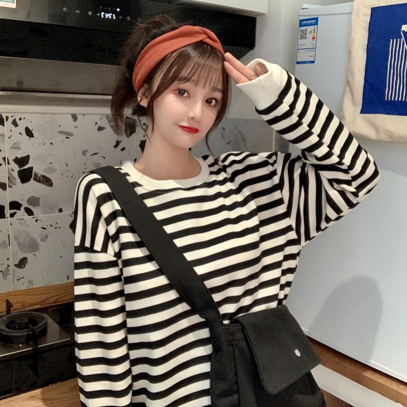 Real shot autumn dress new stripe versatile loose thin round neck long sleeve sweater women's 6535 fish scale