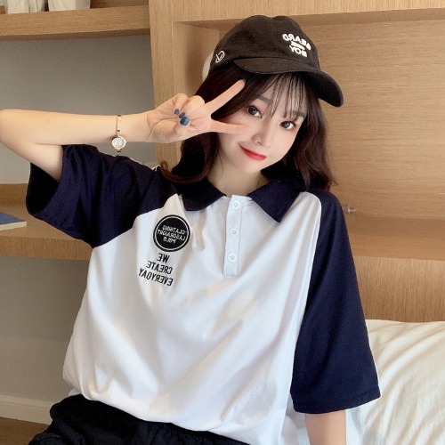 Real shooting summer new style small fresh color contrast collar fun embroidery student short sleeve T-shirt girl