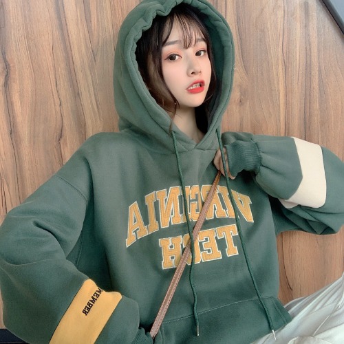 Real shot autumn new versatile hooded sweater women Plush loose stitching letter embroidery coat