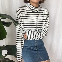 Real shot autumn new Korean version of versatile high collar black and white stripe loose bottomed long sleeve T-shirt for women