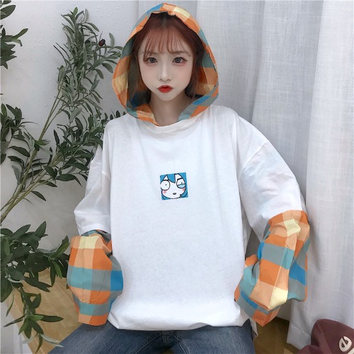 Real spot 2021 spring new Korean fake two thin hooded ins super hot cect-shirt female students