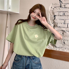 Real shot 2021 new summer college style round neck flower T-shirt short sleeve large versatile blouse