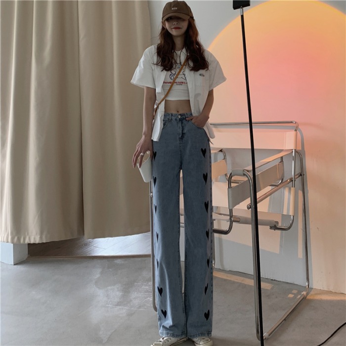 New chic Hong Kong style love wide leg jeans with high waist drop and straight bottom pants for summer wear