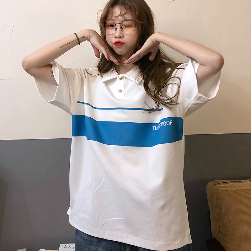 Real shot summer new color matching embroidery letter collar short sleeve T-shirt women's Lapel medium length top cotton