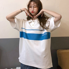 Real shot summer new color matching embroidery letter collar short sleeve T-shirt women's Lapel medium length top cotton