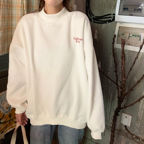 Real shooting autumn new Korean semi high collar sweater simple letter printing Plush casual loose Pullover