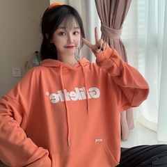 Real shot spring Korean version versatile simple printing letter thin hooded loose T-shirt women's fish scale cloth