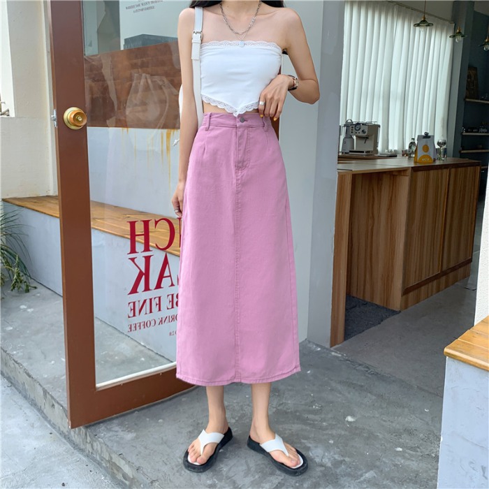 Real shot summer wear new slim and versatile skirt women's high waist slim denim medium length A-line skirt