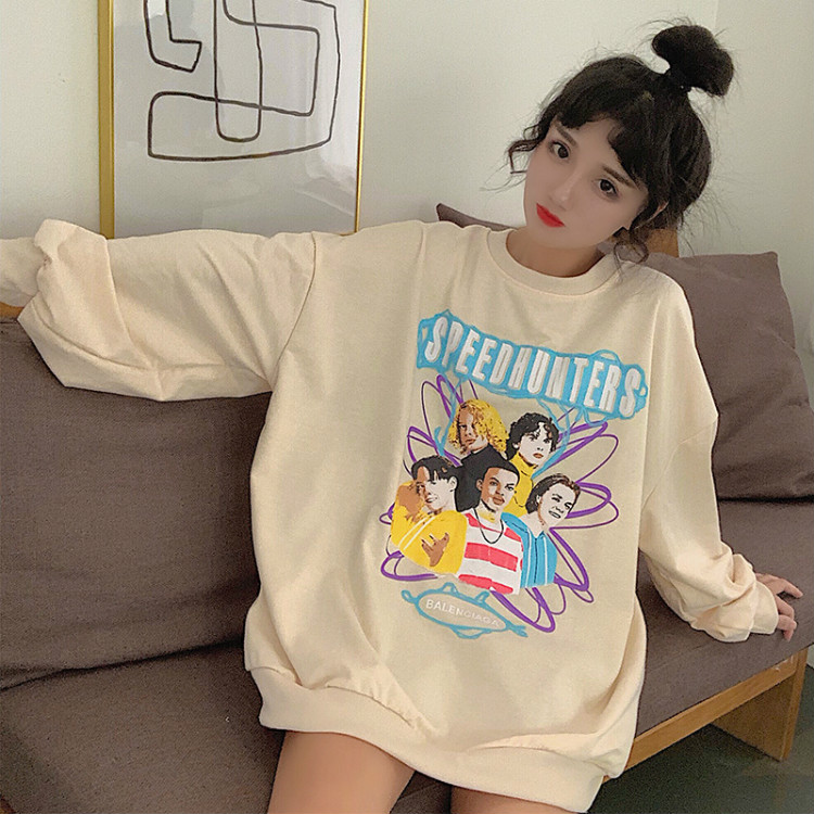 Xfj real shot spot autumn dress new Korean round neck Pullover cartoon print for women's loose thin cotton sweater