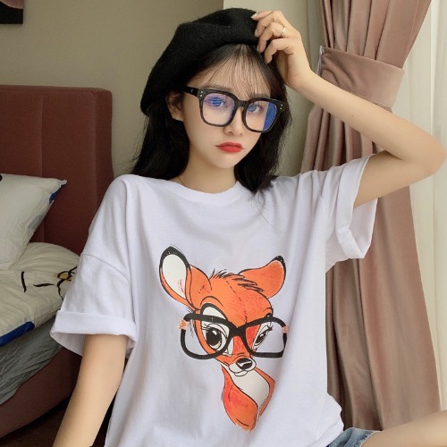 Real shooting new summer cartoon printing loose large edition Short Sleeve T-Shirt Top Women's cotton