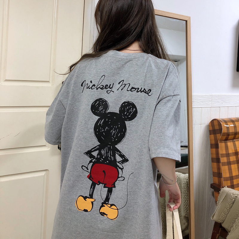 Real photo of 2021 new summer simple mid long Mickey cartoon letter ins half sleeve short sleeve T-shirt