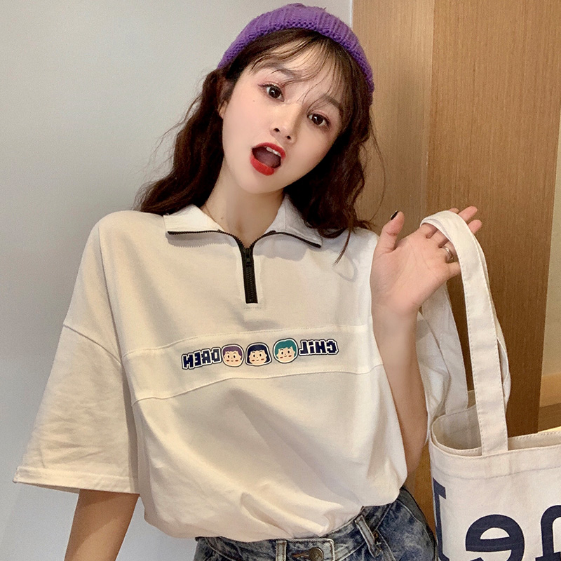 Real shooting of new summer clothing college style printed letter Lapel Shirt Short Sleeve T-Shirt