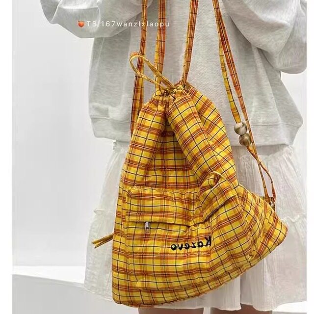 2025新款小双肩包日系百搭背包女轻便款抽绳包束口包格子韩系加棉