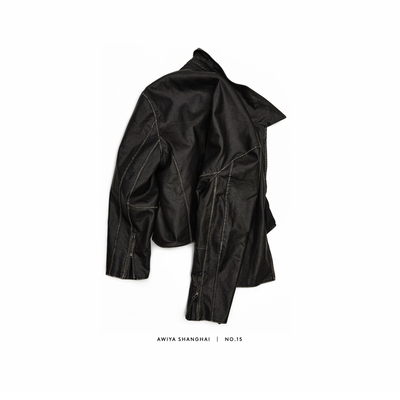 awiya shanghai No.15 水洗做旧拉链皮衣boxy版型短宽外套