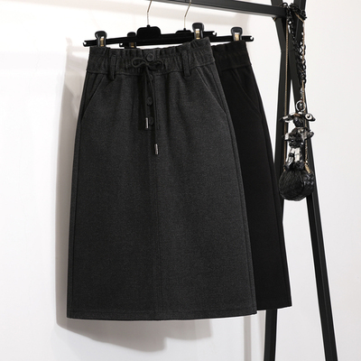 Mid-length tie woolen skirt women's skirt winter new high-waist cover-span A-line skirt elastic one-step hip skirt