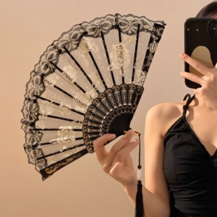 新复古蕾丝中国风扇子舞蹈折扇拍照汉服旗袍写真古风摆拍网红道具