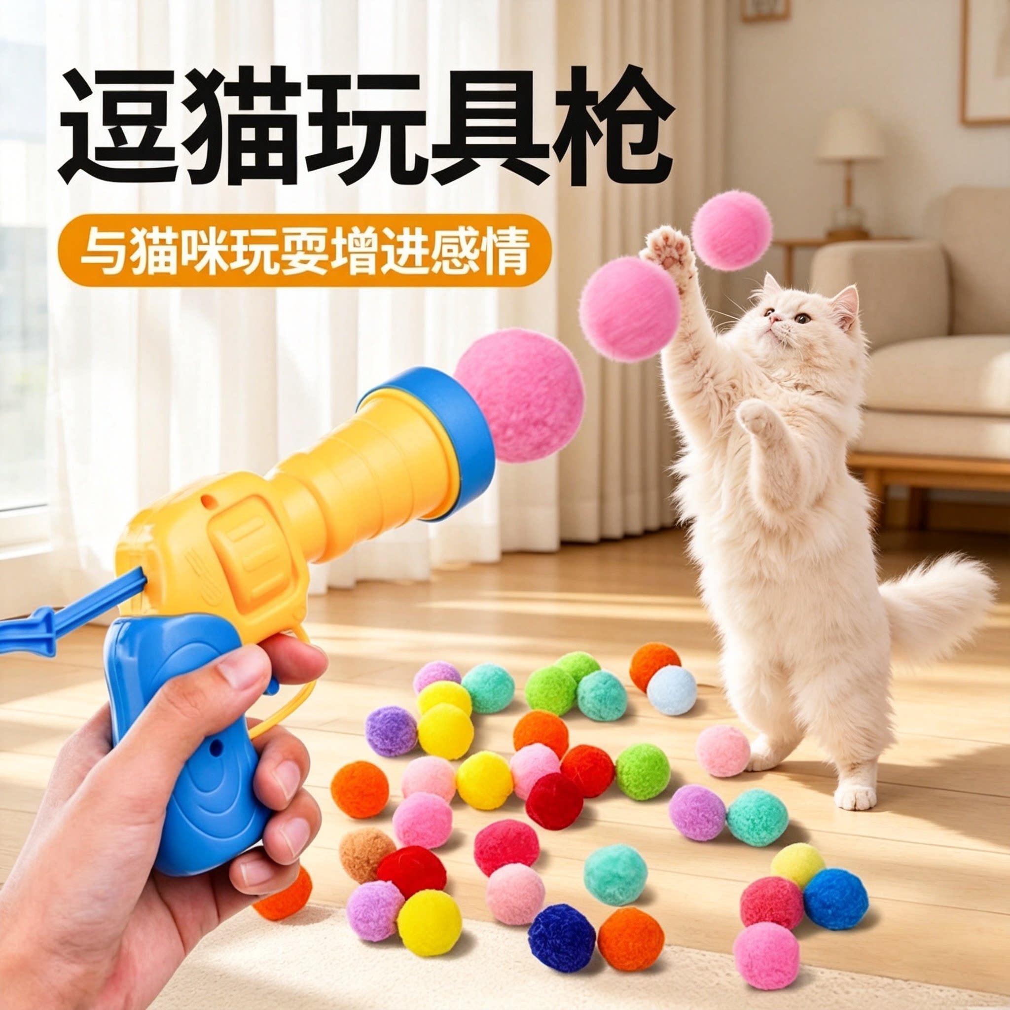猫咪玩具毛球绒球发射枪自嗨解闷弹力无声静音球耐咬逗猫棒宠物球