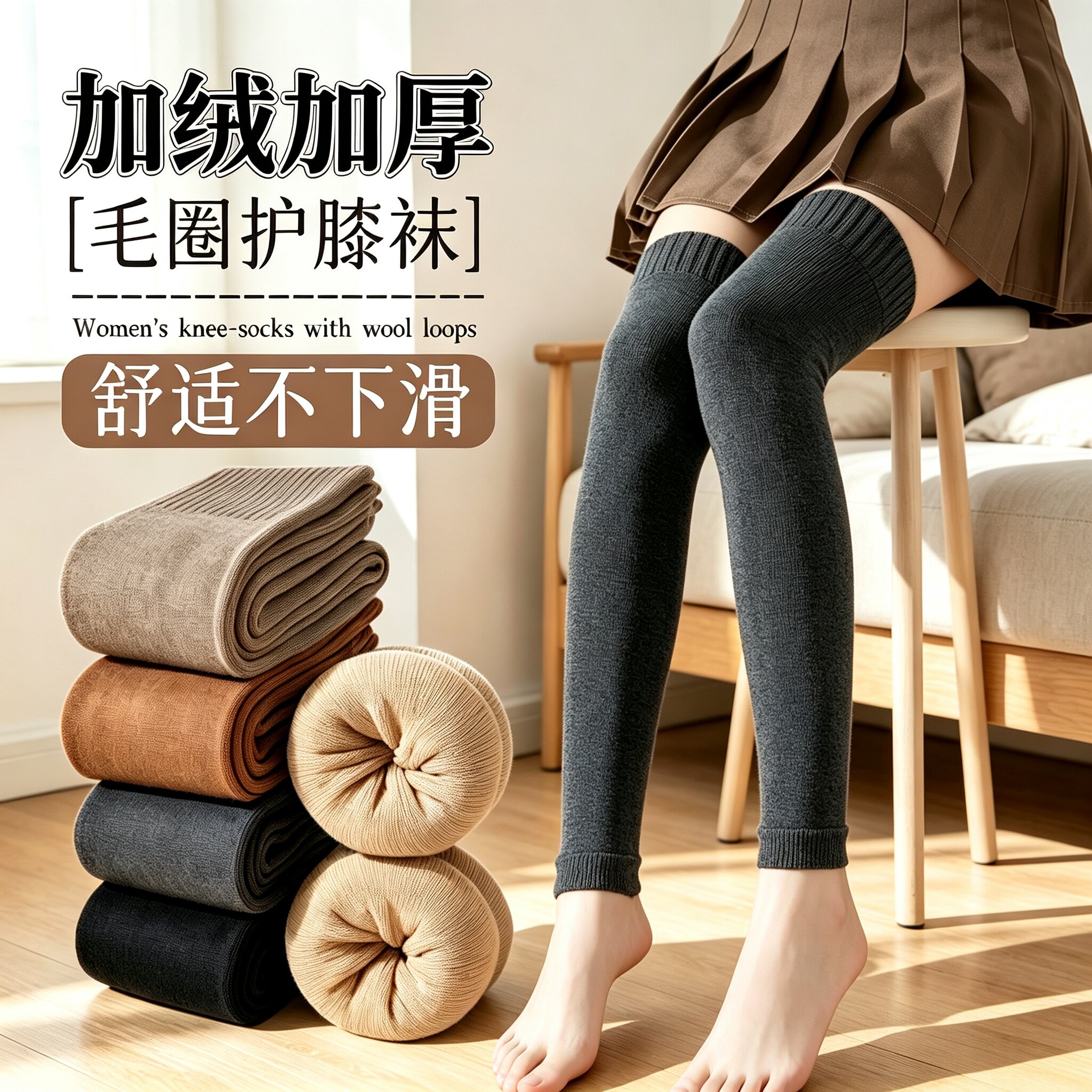 秋冬加绒护膝护腿加厚长筒袜