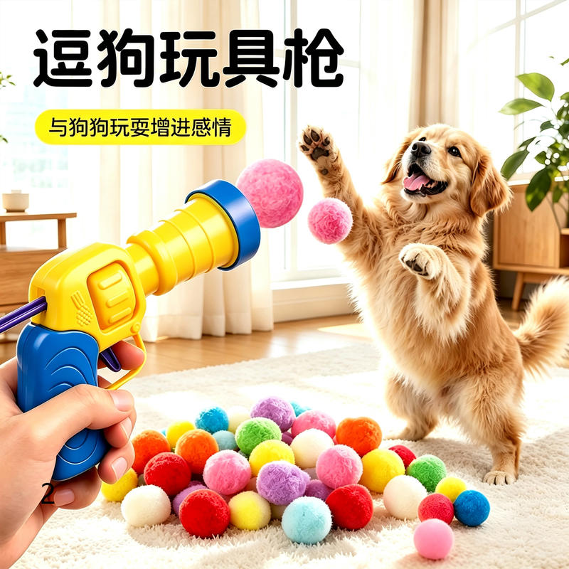 狗狗玩具毛球绒球发射枪自嗨解闷弹力无声静音球耐咬逗狗枪宠物球