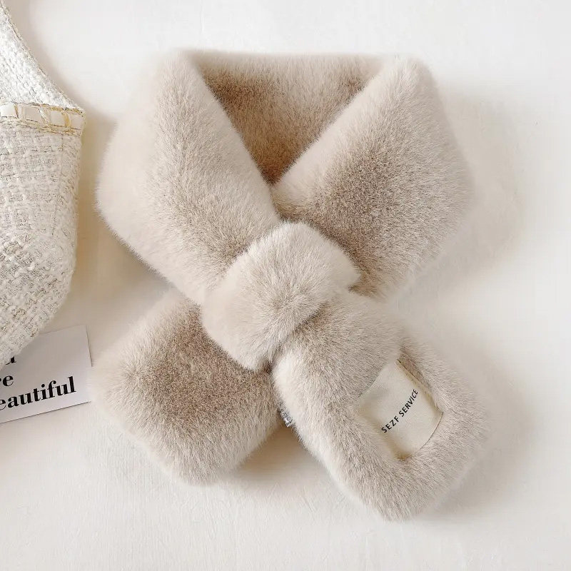 柔软毛毛围巾韩版贴标日系秋冬ins毛绒少女围脖仿獭兔毛加厚交叉