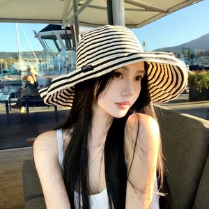 防晒帽新款女夏季条纹渔夫帽超大帽檐可折叠加长太阳帽户外时尚帽