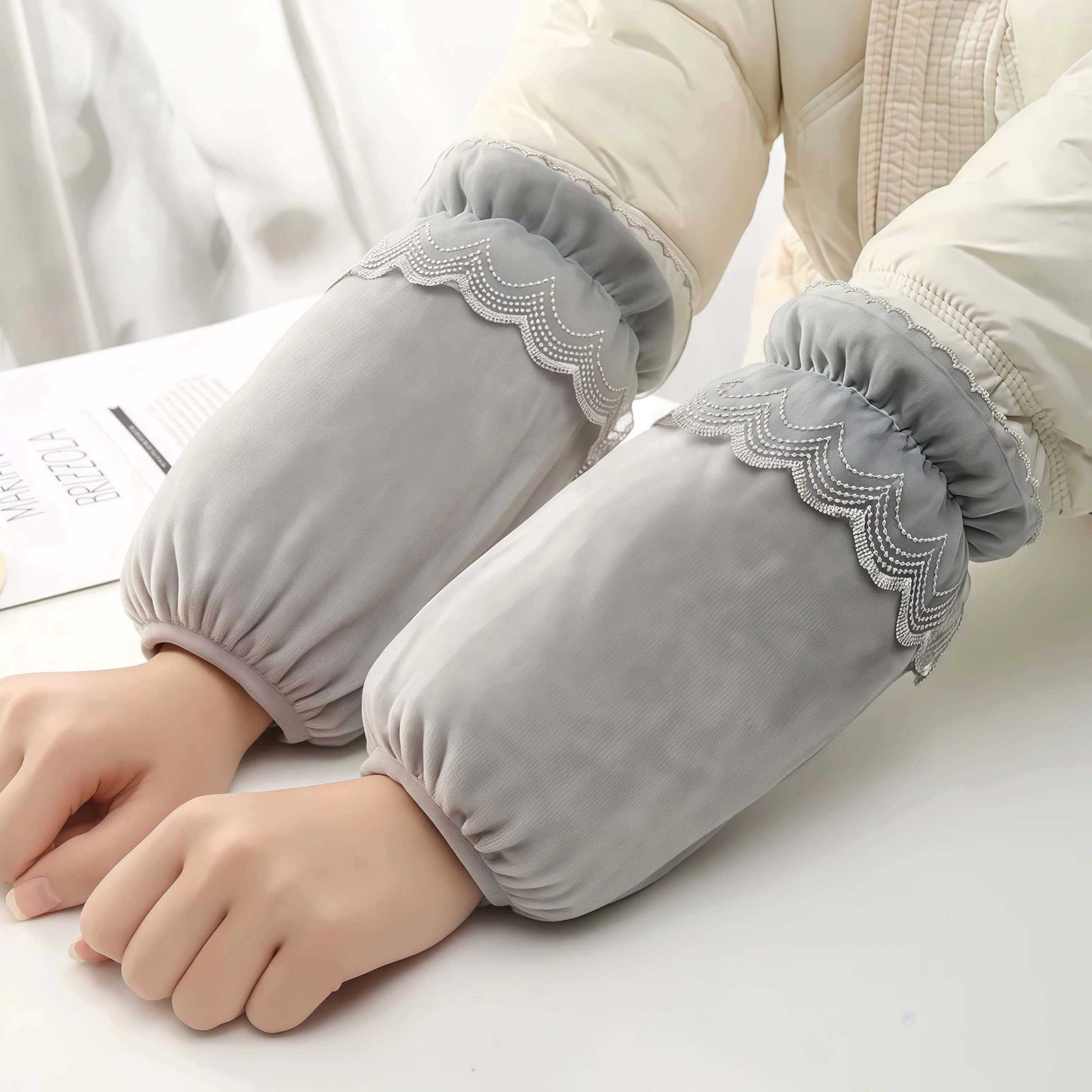 秋冬长款蕾丝荷叶袖花边纯色袖套家务办公干活专用女士防污套袖女