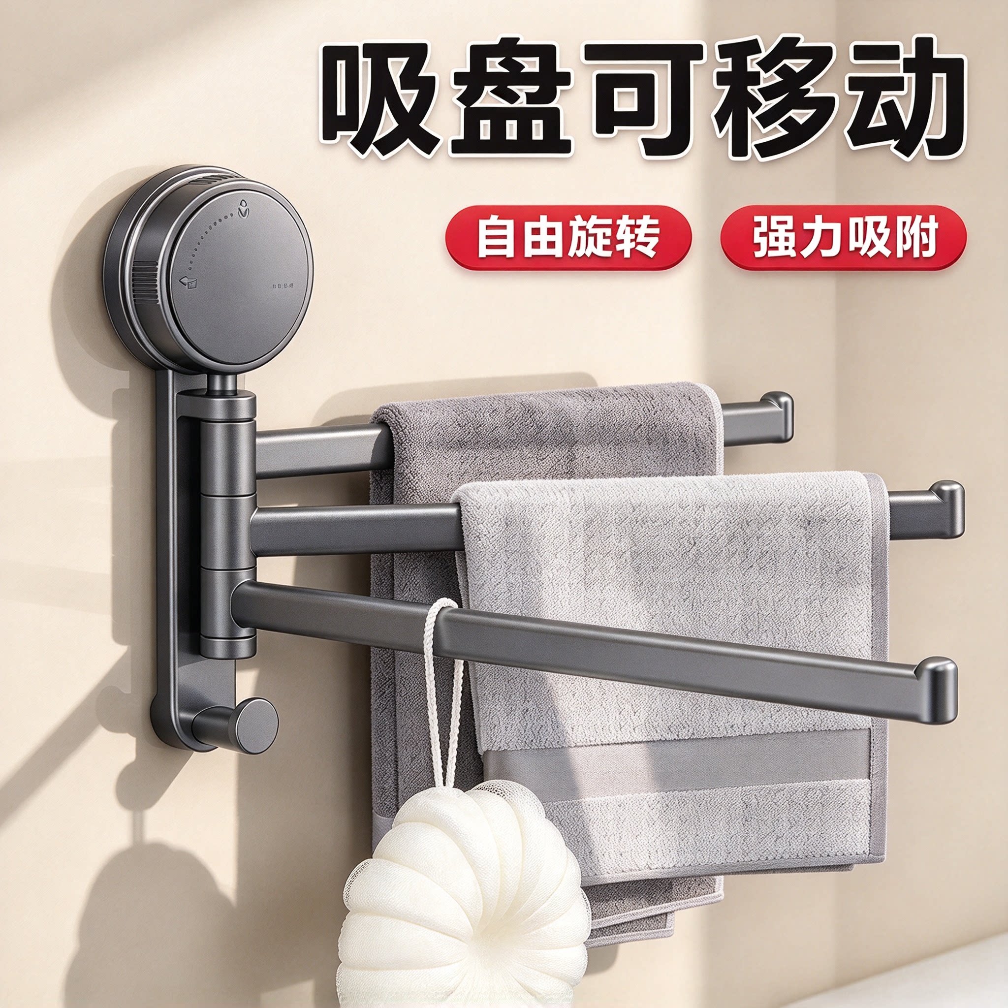 吸盘抹布架厨房置物架免打孔壁挂上墙沥水架多杆可旋转毛巾收纳架