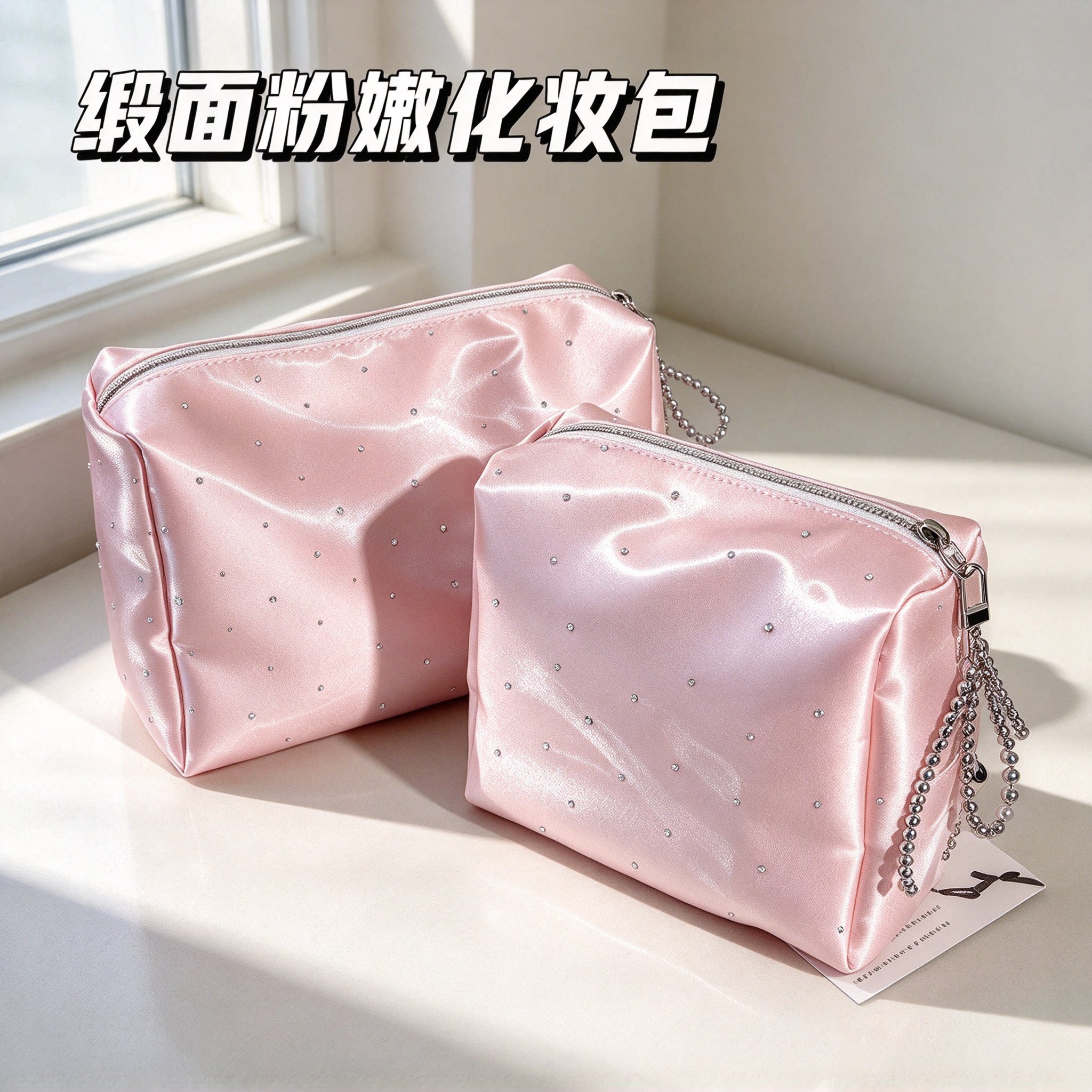 烫钻化妆包柔光缎面便携收纳包旅行外出大容量补妆包高颜值零钱包