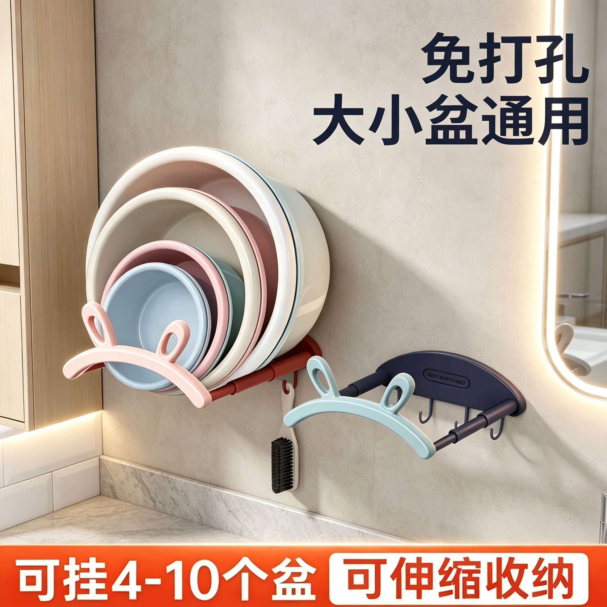 可伸缩壁挂脸盆架卫生间免打孔置物架浴室厕所洗澡盆子收纳沥水架