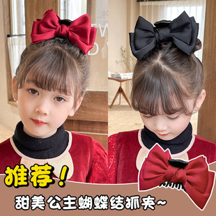 公主蝴蝶结抓夹过年发夹子红色新款小女孩蝴蝶结抓夹儿童发卡头饰