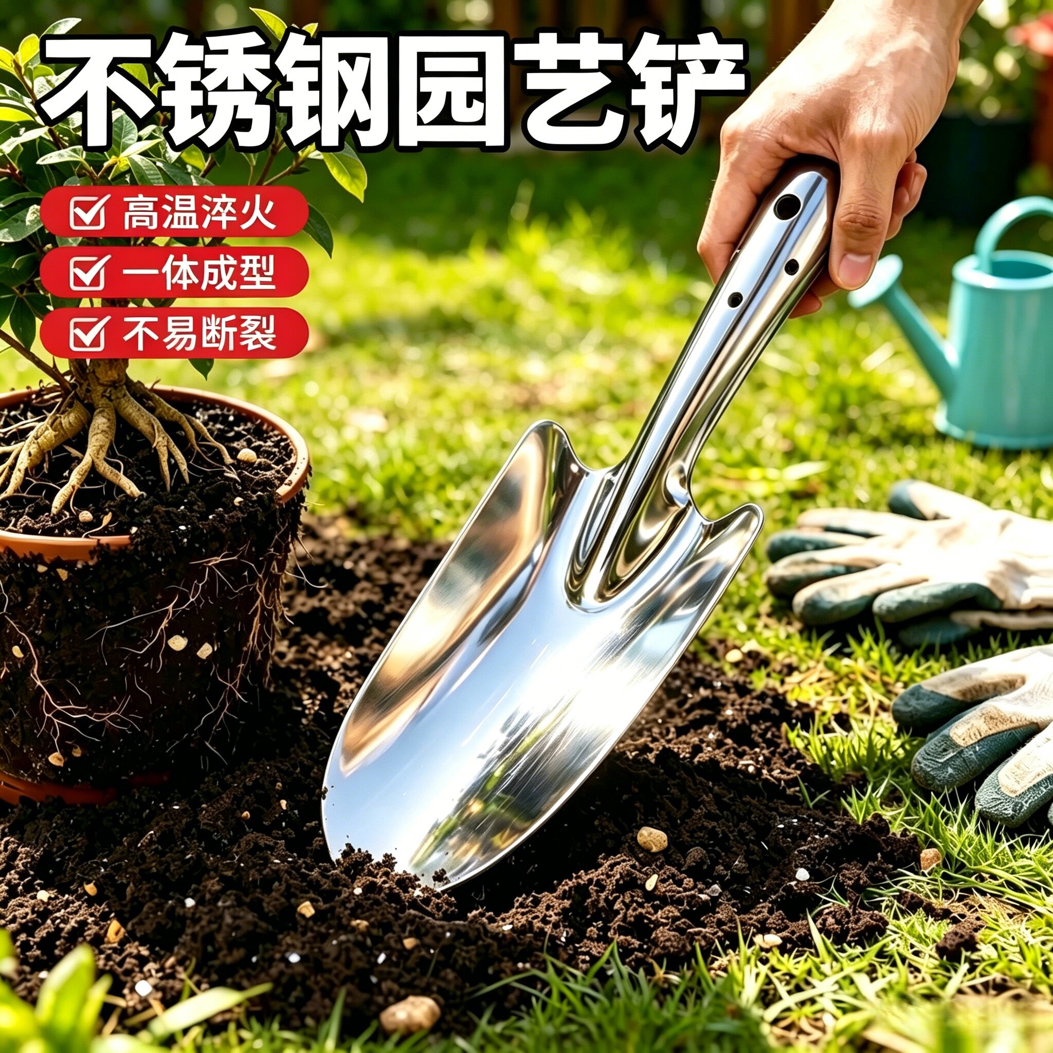 不锈钢小铲子园艺赶海工具铁锹铁铲多肉种植栽花种菜户外养花花铲