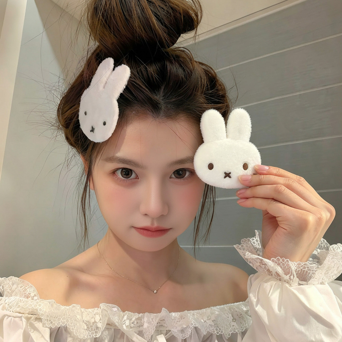 米菲兔毛绒魔术贴发夹女韩系甜美可爱碎发刘海贴侧边发贴发卡发饰