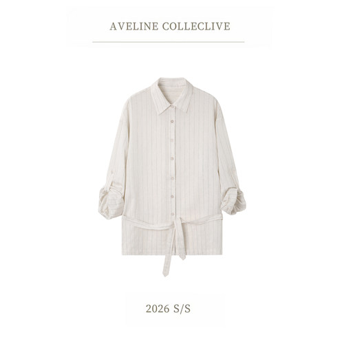 Aveline 新钱风 夏季新款直筒宽松长袖衬衫绑带条纹棉混纺上衣女