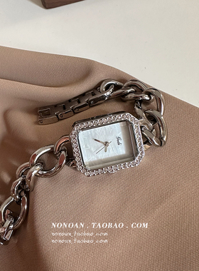 NONOAN 中古vintage手链链条方形小众精致轻奢女腕表镶钻复古手表