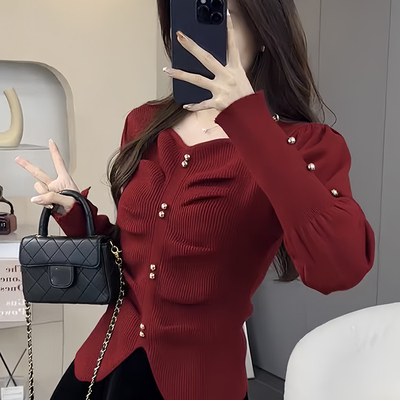 红色穿搭低领长袖T恤女秋冬