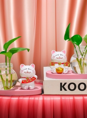 迷你发财猫摆件创意福气满满水培家居摆件桌面水养绿萝花瓶器皿