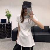 高级感纯色全棉中长款 白色短袖 纯棉T恤女夏季 遮胯收腰显瘦上衣女