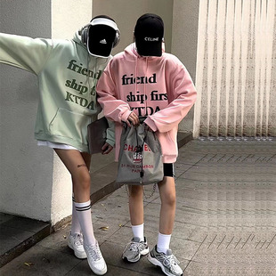 连帽中长款卫衣女遮屁股宽松慵懒风oversize加绒加厚字母印花外套