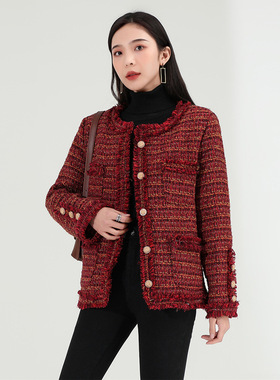 红色小香风外套2025新款女加厚粗花呢编织格子薄棉衣棉袄中长款