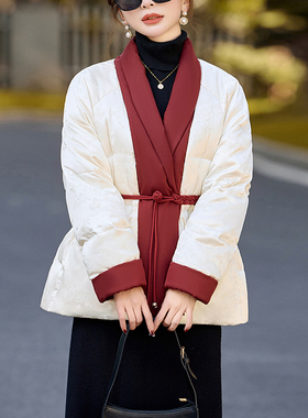 轻奢新中式国风羽绒服女外套排骨收腰中长款系带V领保暖高级感