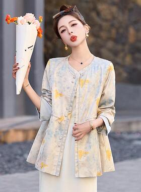 束腰中长款新中式国风外套女2025春秋小个子刺绣提花唐装上衣