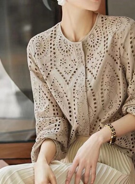 初夏纯棉法式纯欲风独特长袖衬衫女小个子短款衬衣设计感小众上衣