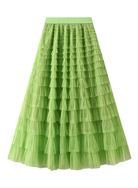 绿色百迭伞裙女2025新款A字时尚大码百褶马面裙束腰复古半身裙