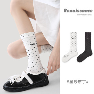 Renaissance原创女袜春夏新款 透气袜子女 白色波点小腿袜显瘦薄款