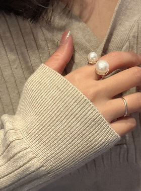 夏尼s925纯银韩版小众设计感肌理感珍珠戒指